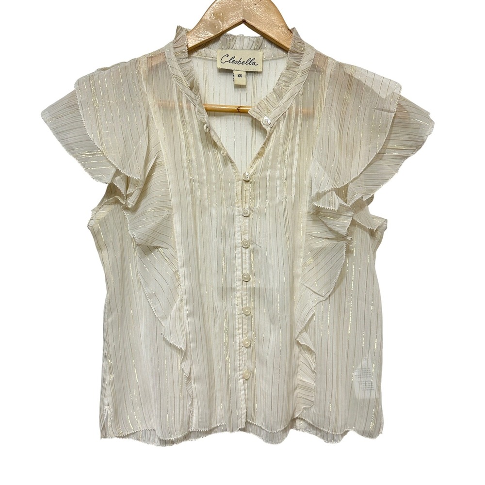 Cleobella Sheer Ruffle Blouse Womens XS Cream Gold Lurex Flutter Sleeve Boho Top
